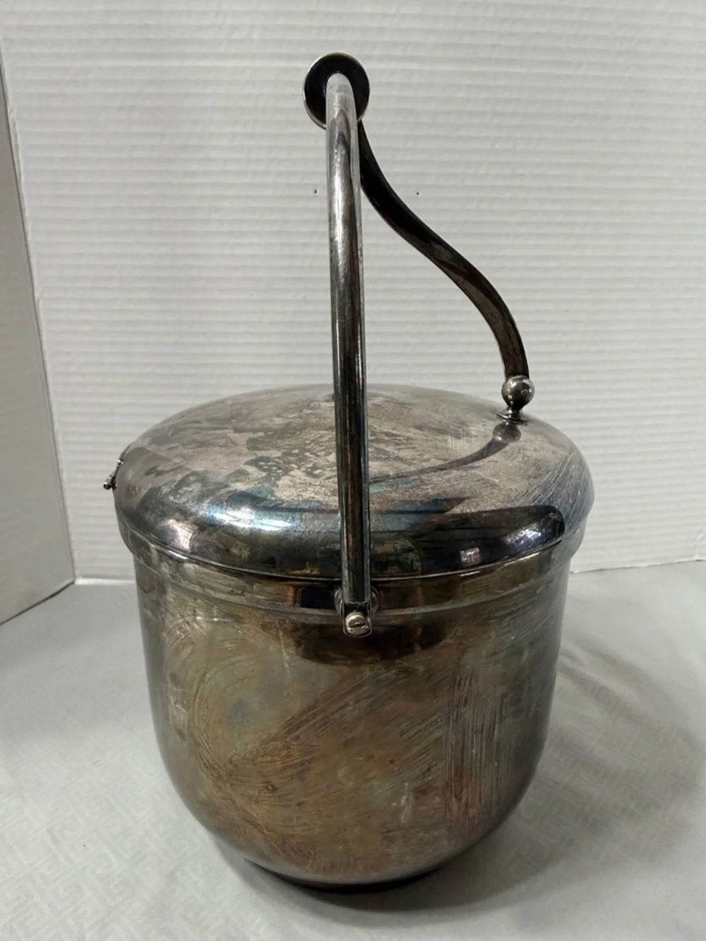 Vintage Silver Plated Ice Bucket Swing Top Lid & Handle Glass Liner Luxury